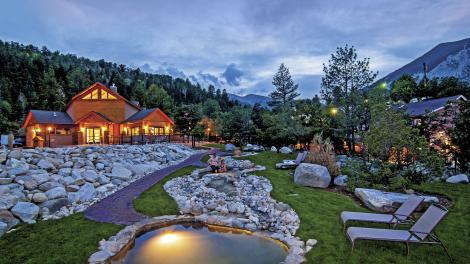 The hot pools in front of Mt. Princeton Hot Springs Resort at dusk