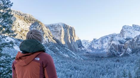 Looking out at the snowy Yosemite Valley in winter 