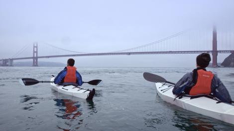 Kayaking on a misty day near the Golden Gate Bridge in San Francisco