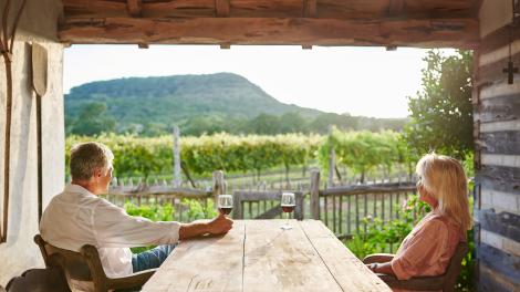 在德克萨斯州峡谷湖的 La Cruz de Comal Wines 酒庄,一边品味佳酿,一边欣赏葡萄园美景 在德克萨斯州峡谷湖的 La Cruz de Comal Wines 酒庄,一边品味佳酿,一边欣赏葡萄园美景