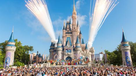 观看迪士尼灰姑娘城堡表演的人们