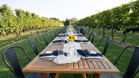 新泽西州 Pilesgrove 的 Auburn Road Vineyards 葡萄园已摆好晚宴,静候宾客入席 新泽西州 Pilesgrove 的 Auburn Road Vineyards 葡萄园已摆好晚宴,静候宾客入席