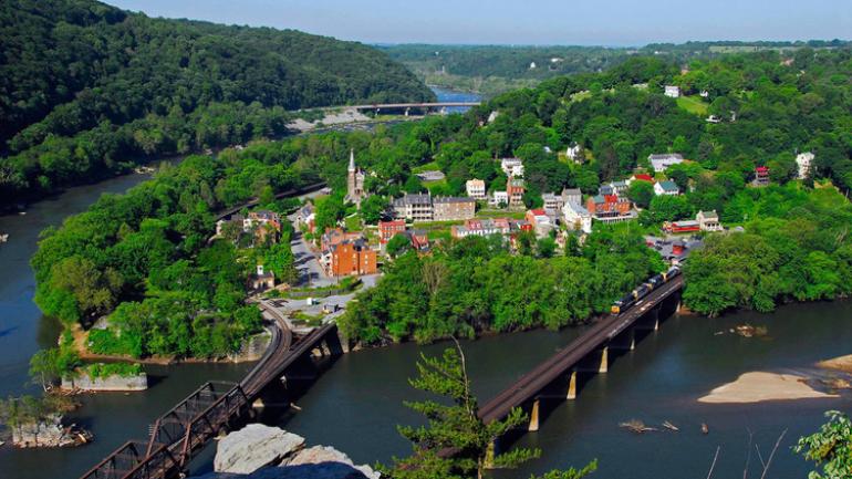 Aerial view of picturesque Harpers Ferry, West Virginia 