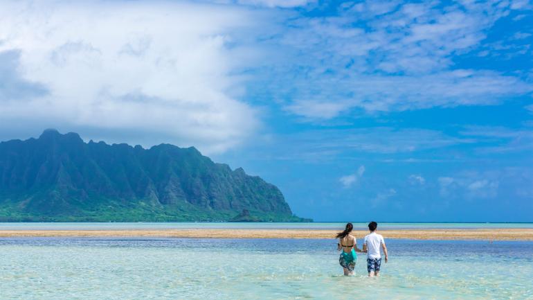在卡内奥赫湾平静清澈的海水里戏水的一对情侣 在卡内奥赫湾平静清澈的海水里戏水的一对情侣