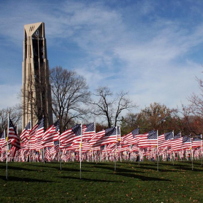 Moser Tower 塔前方为 Naperville Healing Field of Honor 悬挂的美国国旗 Moser Tower 塔前方为 Naperville Healing Field of Honor 悬挂的美国国旗