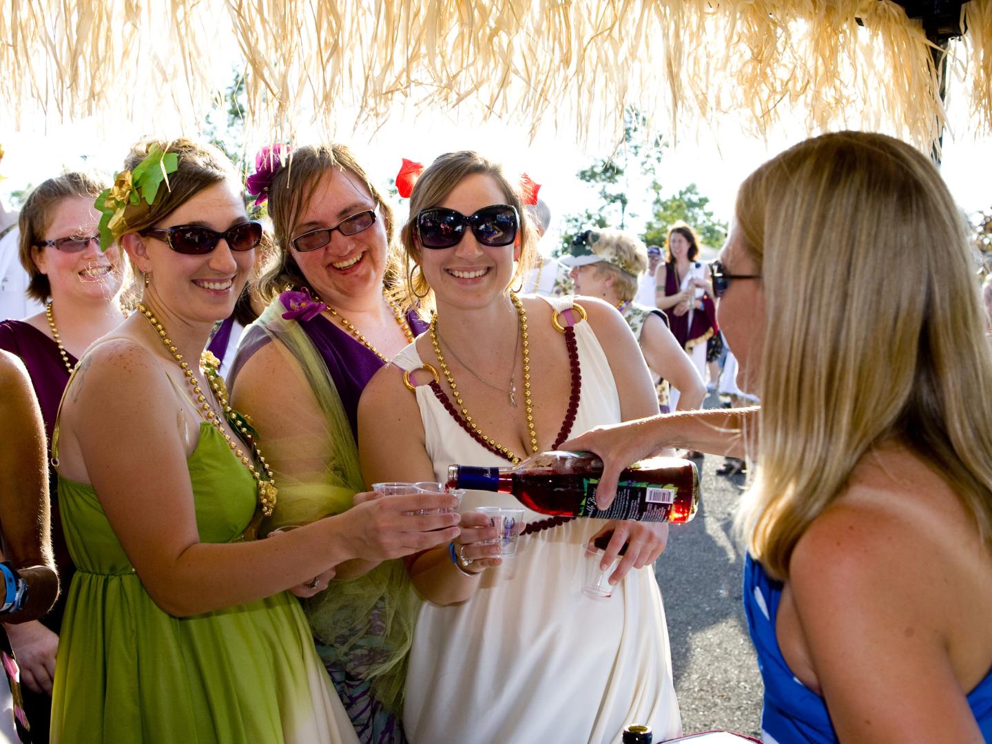 在纽约州沃特金斯峡谷的手指湖酒区节上斟满小样