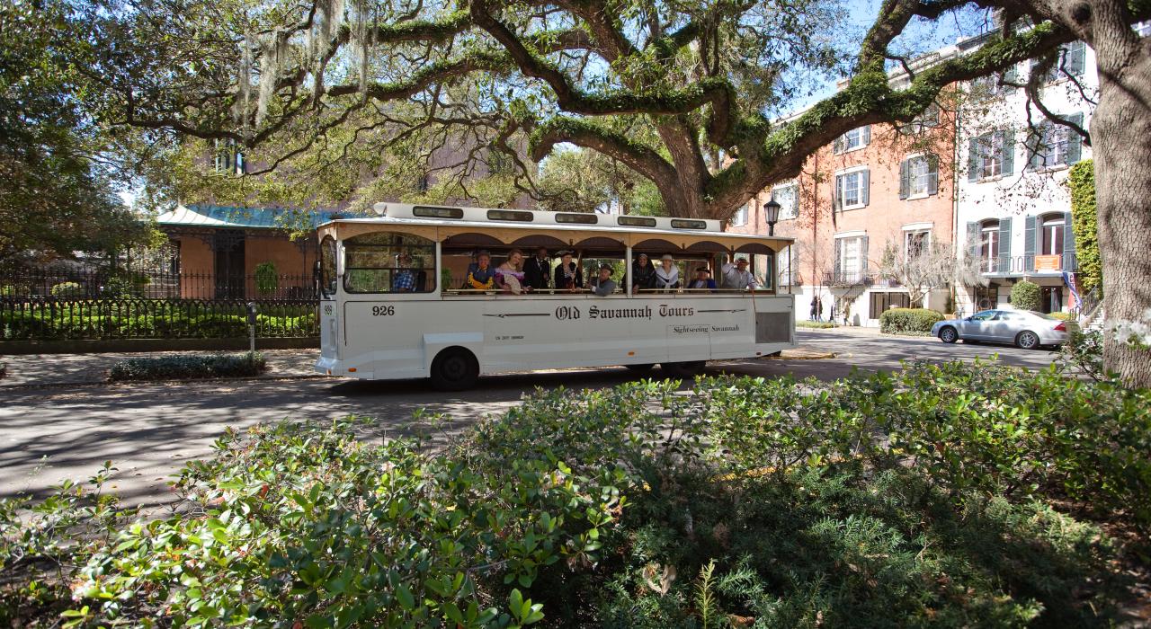 游客们在历史悠久的佐治亚州萨凡纳乘电车进行景点观光