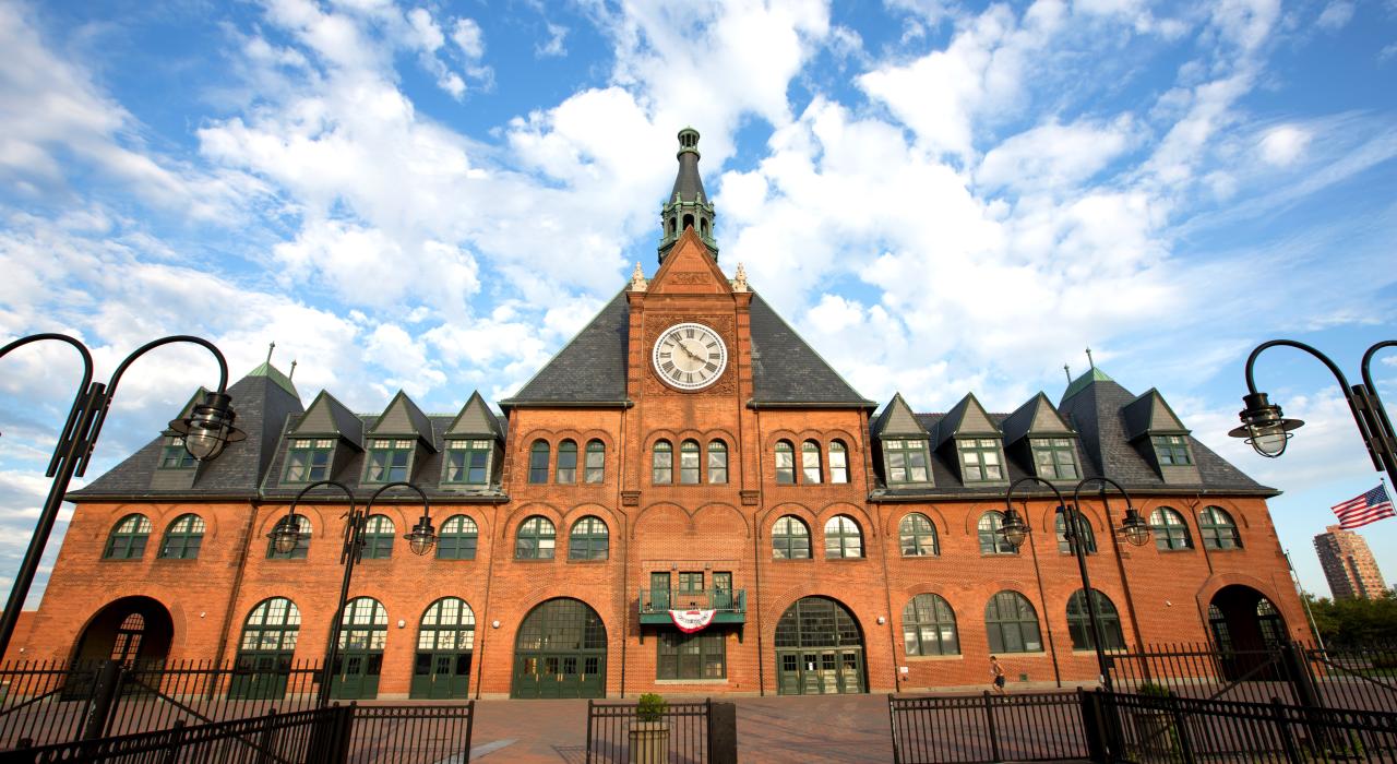 Old railway station on the Liberty State Park Boardwalk in Jersey City, New Jersey.