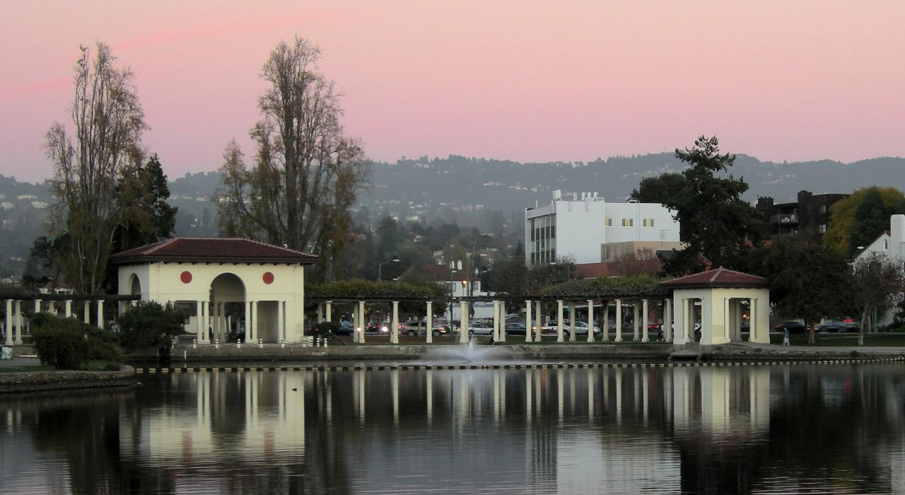 The lavender sky reflected in Lake Merritt