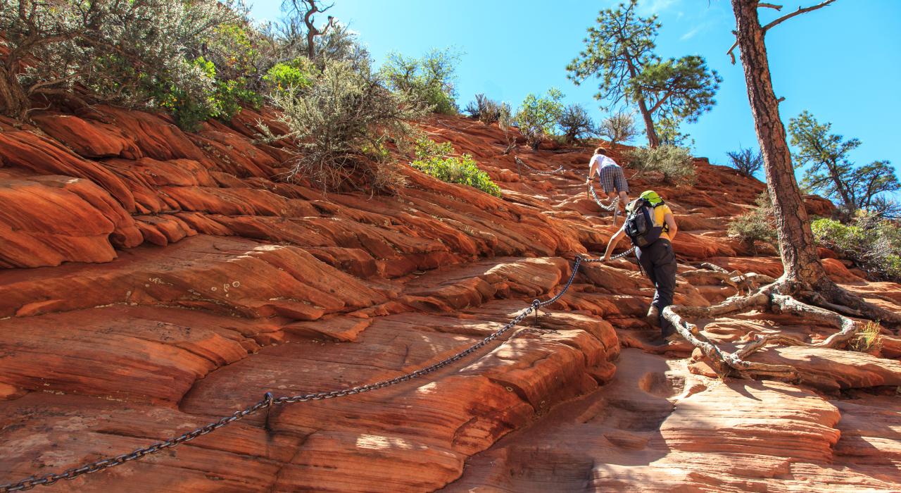 Walking and climbing the trail to Angels Landing in Zion National Park