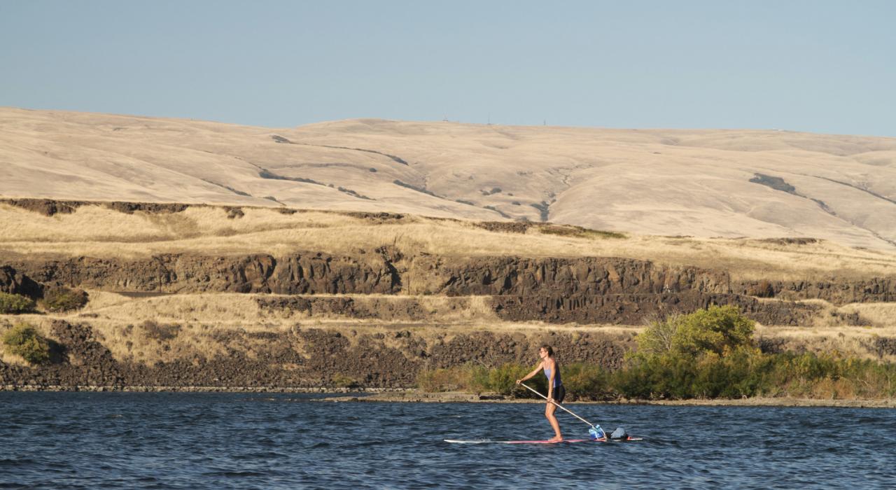 在俄勒冈州的哥伦比亚河上享受浆板冲浪