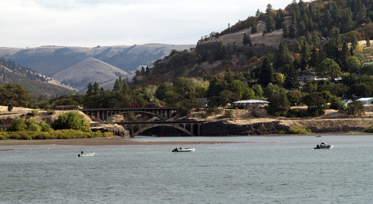 在俄勒冈州哥伦比亚河附近划船