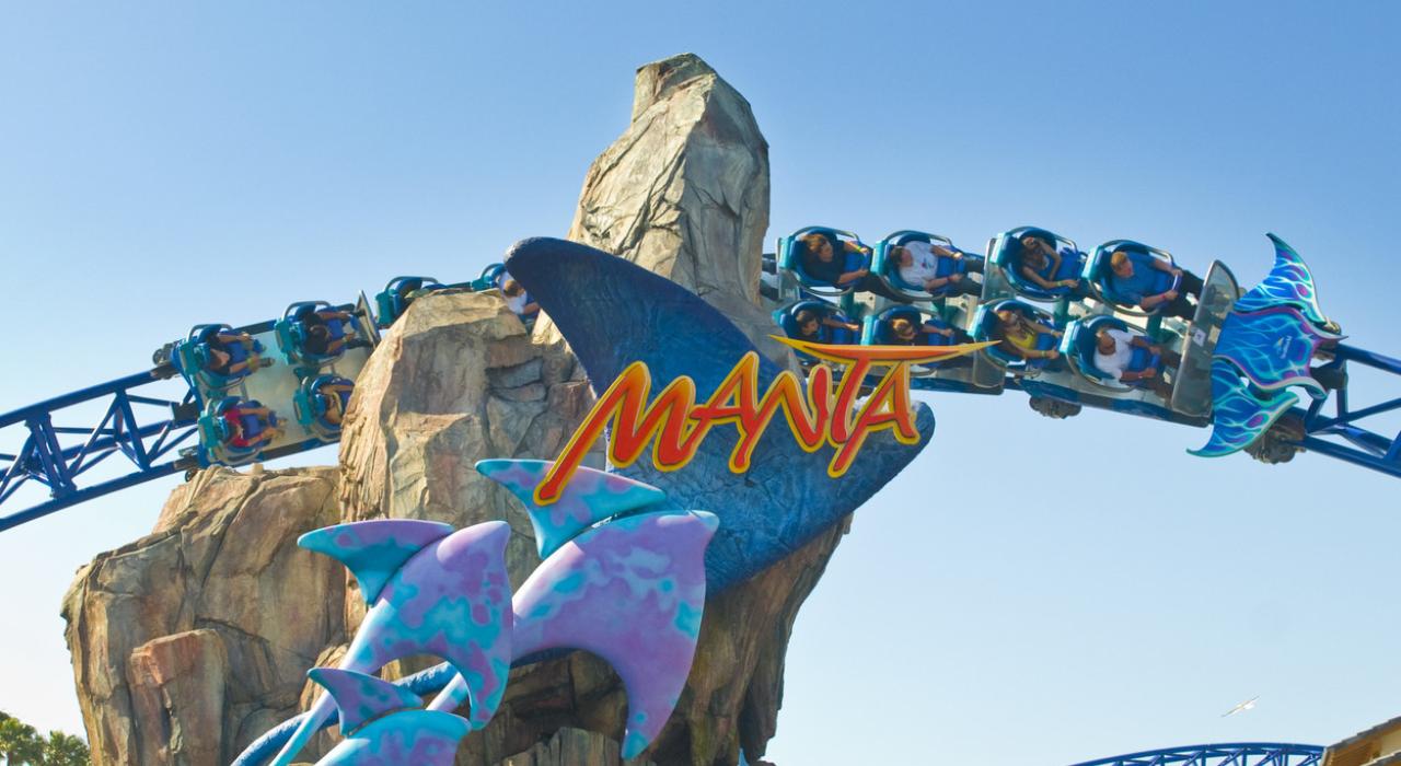 在加利福尼亚州圣地亚哥海洋世界乘坐 Manta 过山车