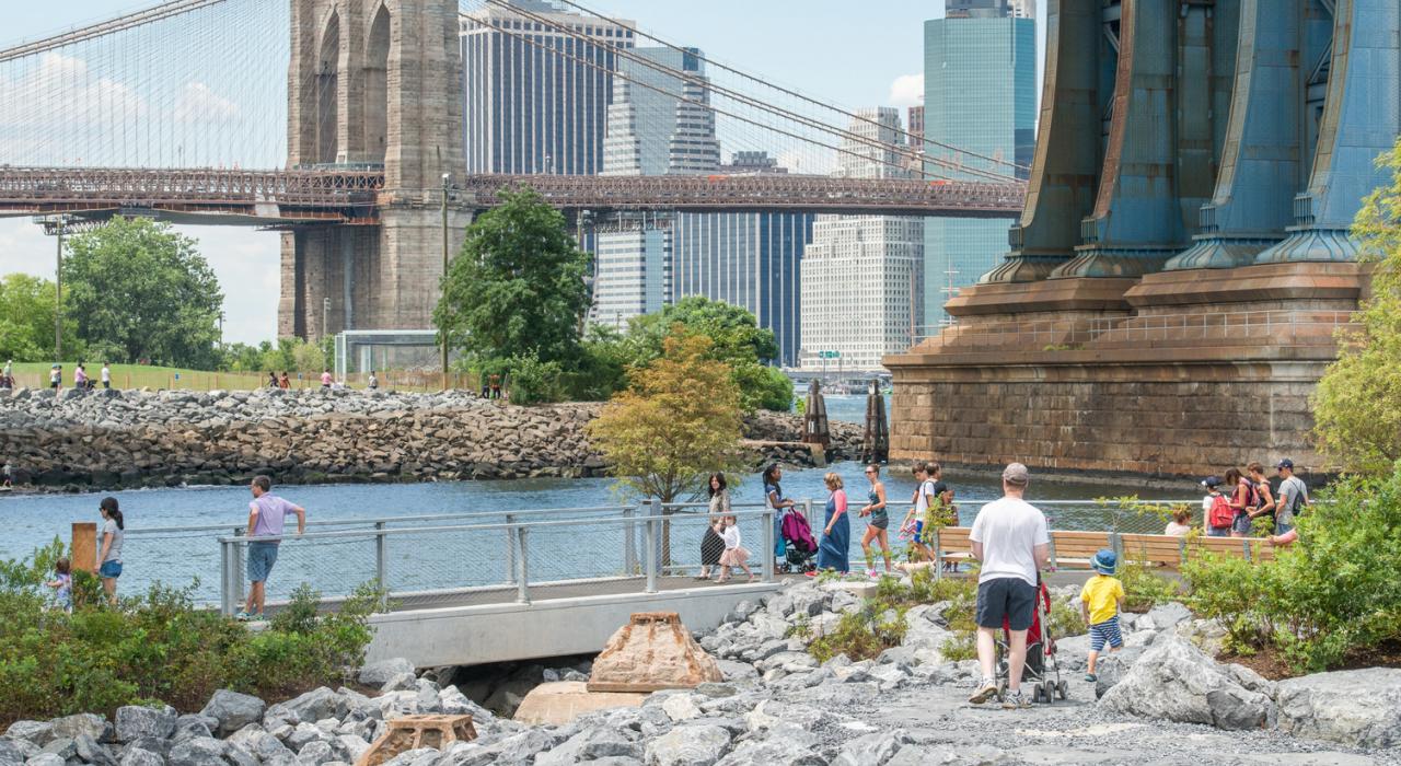 在纽约市东河沿岸的布鲁克林大桥公园内欣赏迷人的风景