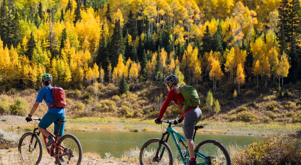 Brilliant colors of fall greeting cyclists following trails through a forest 