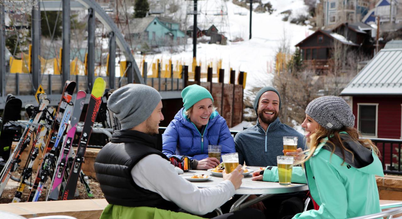 Relaxing at Town Lift Plaza after ski runs on the mountain