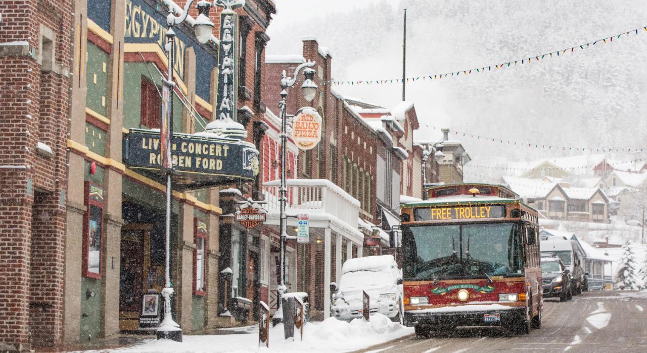 Trolley making a stop at the Egyptian Theatre on Main Street