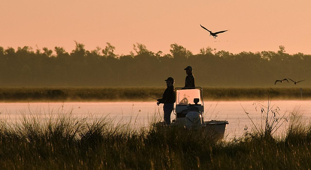 伴随着缓缓升起的太阳，在路易斯安那州的拉孔布 Big Branch Marsh National Wildlife Refuge 国家野生动物保护区钓鱼
