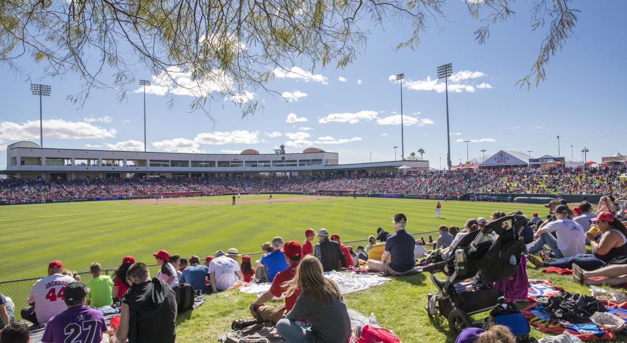A sunny day for a baseball game at Tempe Diablo Stadium, the Spring Training home of the Los Angeles Angels