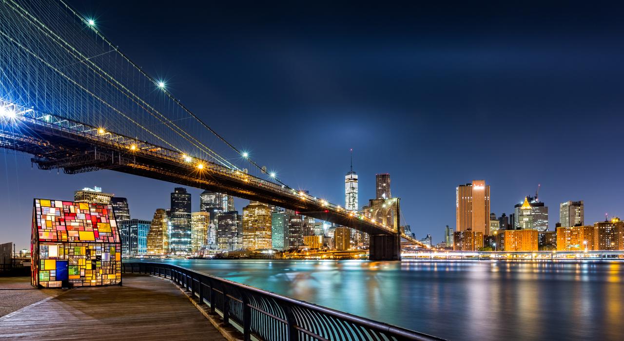 纽约布鲁克林大桥夜景 纽约布鲁克林大桥夜景
