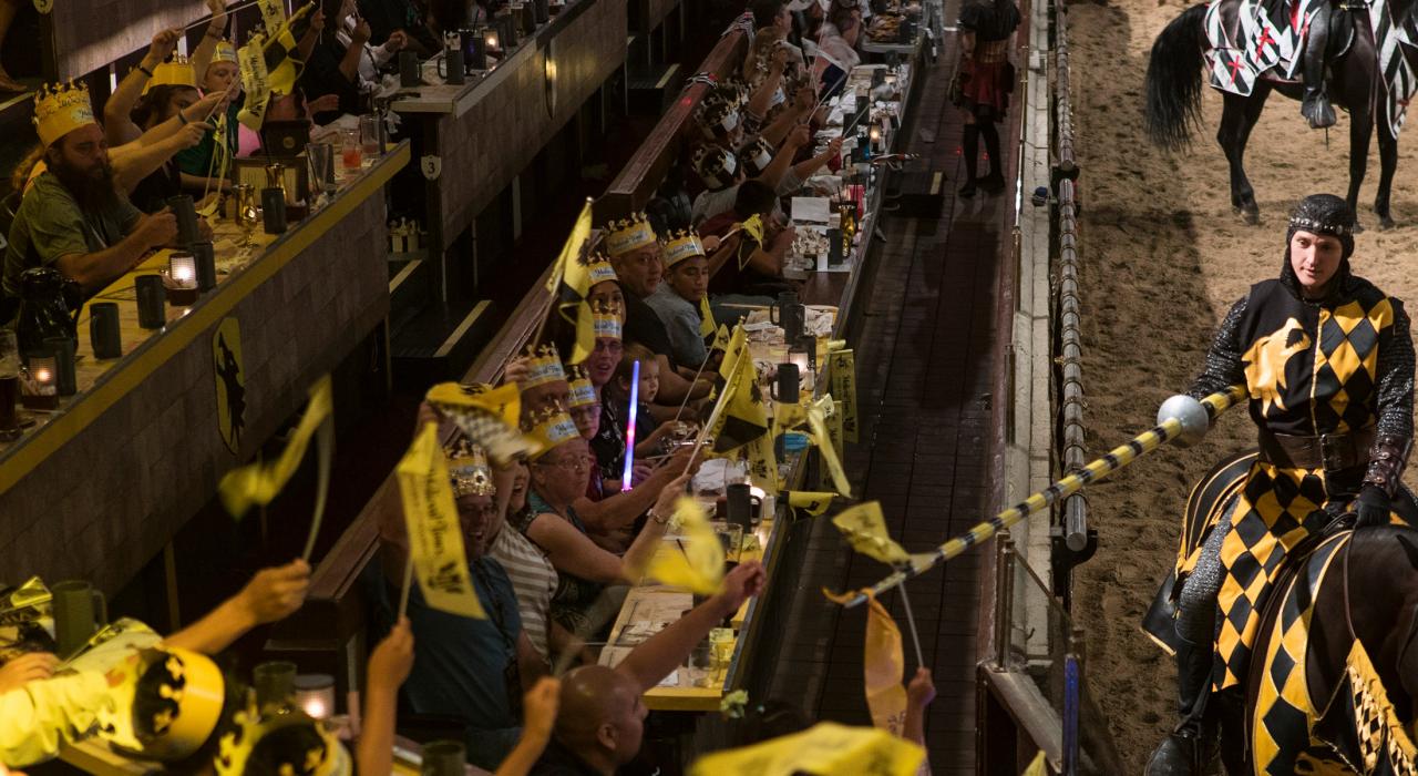 我在加州阿纳海姆的中世纪餐厅广场里看那些为骄傲和荣耀而战的骑士，简直太精彩了！