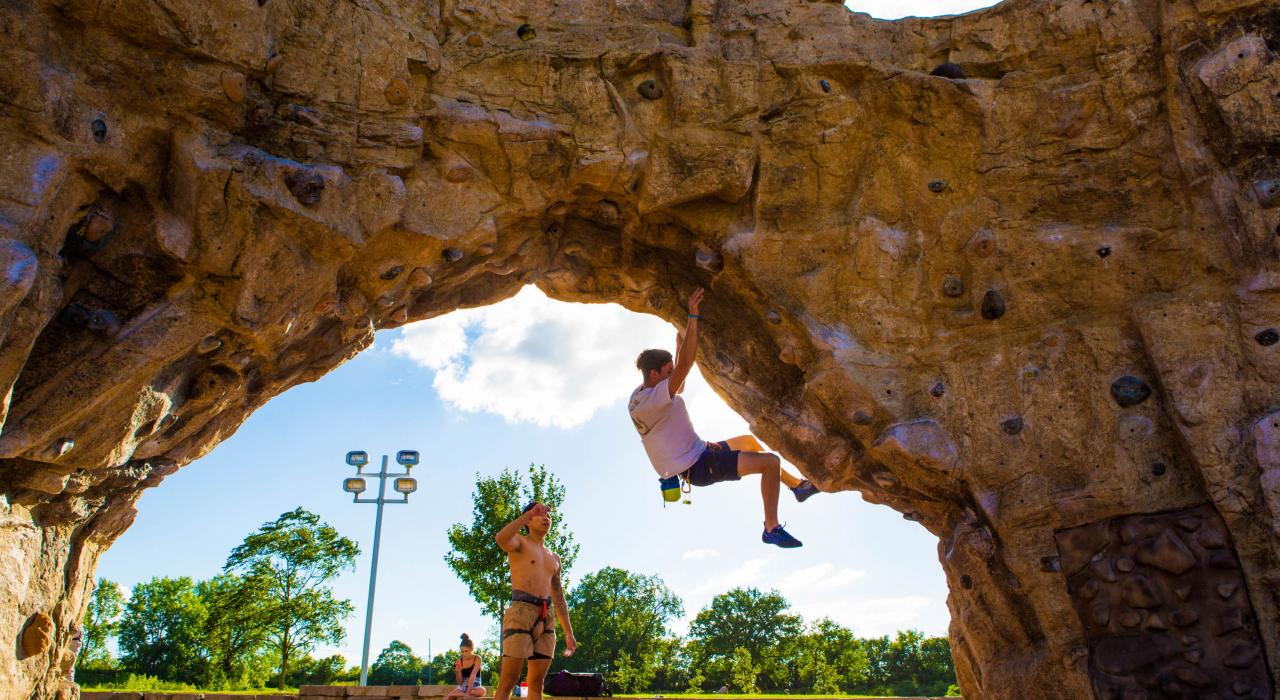 Rock climbing at the world's largest free outdoor climbing wall, located at the Scioto Audubon Center just south of downtown  Rock climbing at the world's largest free outdoor climbing wall, located at the Scioto Audubon Center just south of downtown