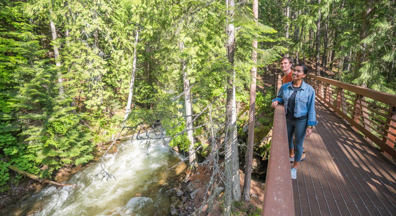 在爱达荷州邦纳斯费里附近的库特奈国家野生动物保护区徒步过桥