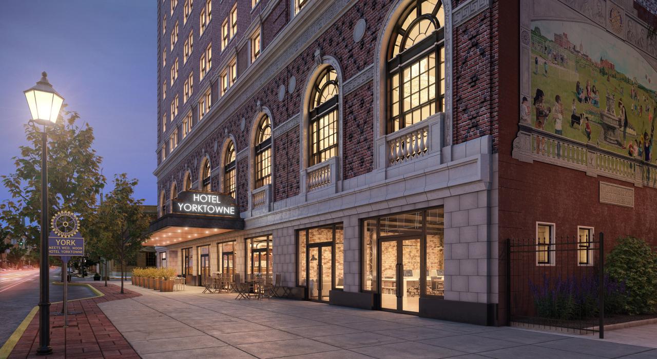 历史悠久的豪华型约克敦酒店 (Yorktowne Hotel)，美国前第一夫人埃莉诺·罗斯福和歌手弗兰克·辛纳屈曾在此下榻