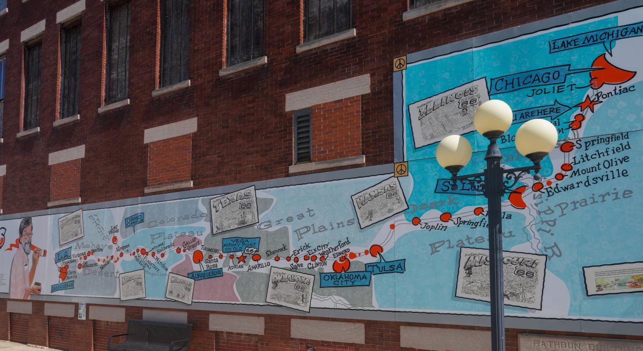 描绘伊利诺伊州庞蒂亚克 66 号公路地图的彩色壁画