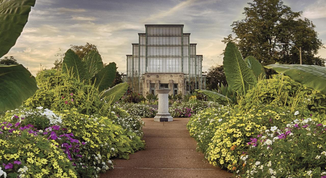 俯瞰森林公园 (Forest Park) 的珠宝盒 (Jewel Box) 温室 俯瞰森林公园 (Forest Park) 的珠宝盒 (Jewel Box) 温室