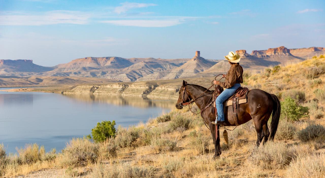 游客骑在马背上欣赏怀俄明州罗克斯普林斯附近弗莱明峡谷国家休闲区的美景