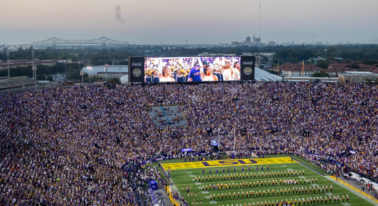 在老虎体育场为美式橄榄球队路易斯安那州立大学老虎队加油助威