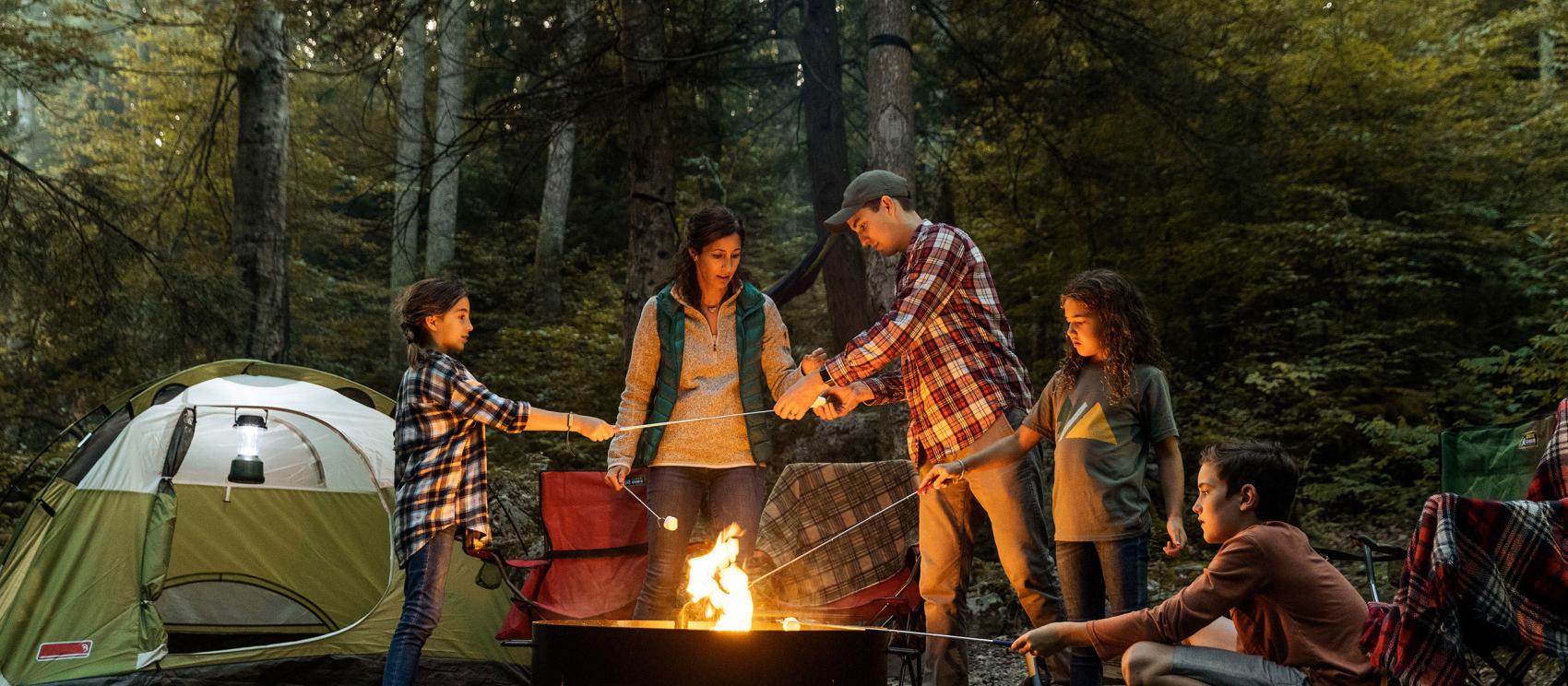 在奥德拉州立公园来一场家庭野营之旅，围坐在火堆旁烤棉花糖